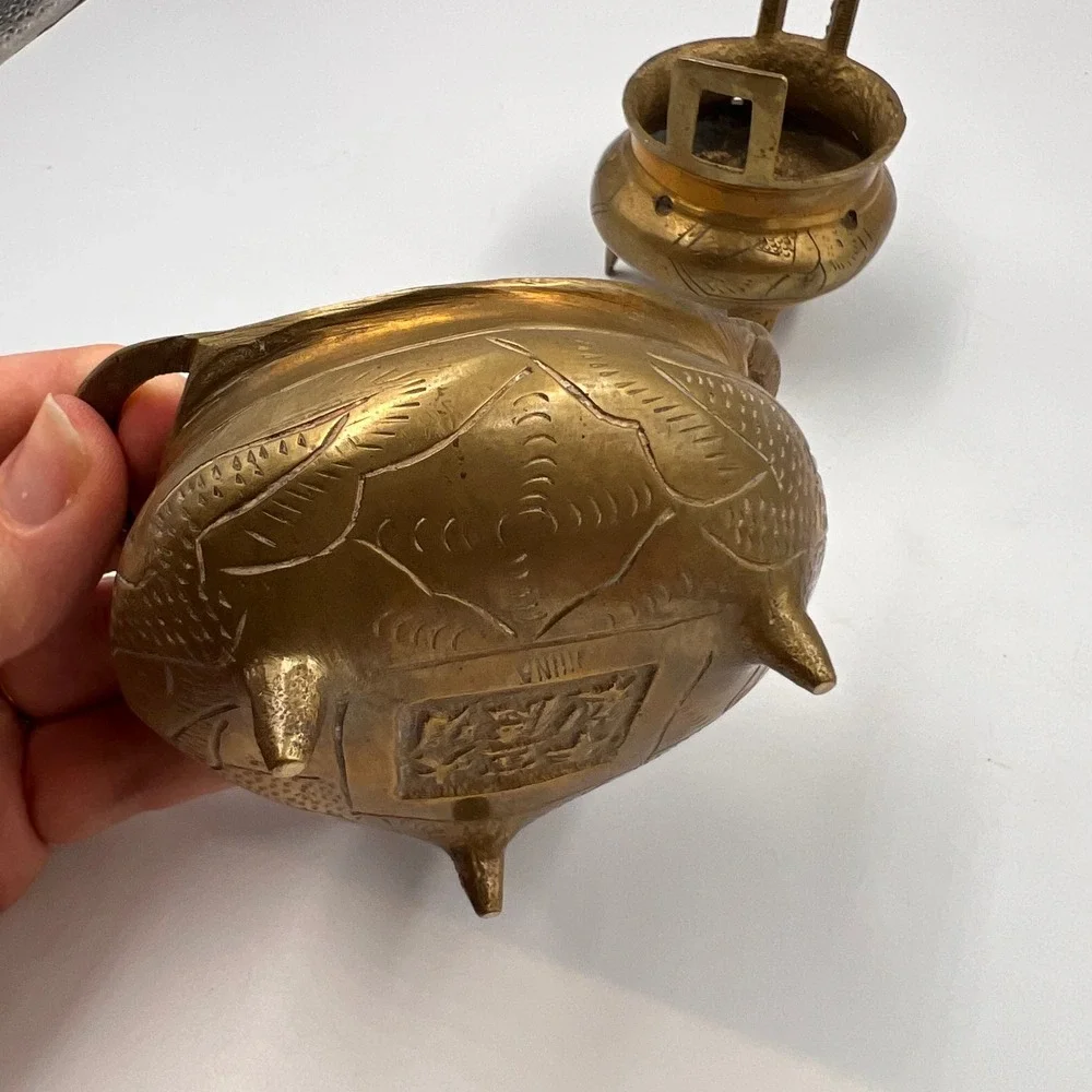 Vintage Chinese Cast‎ Brass Miniature Incense Burners Censer Pair Tripod Handled